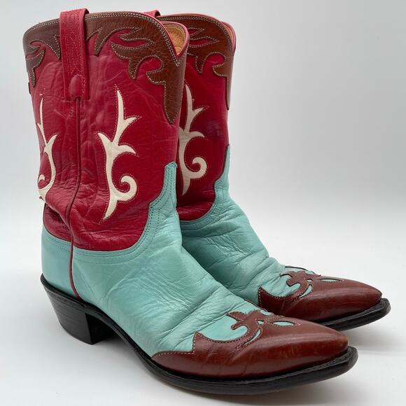 1883 LUCCHESE | N7180 Western Cowboy Boots in Red Turquoise Brown Leather 9.5B - Picture 1 of 15